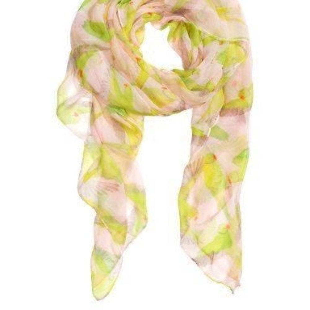 Yellow and pink parrots scarf.